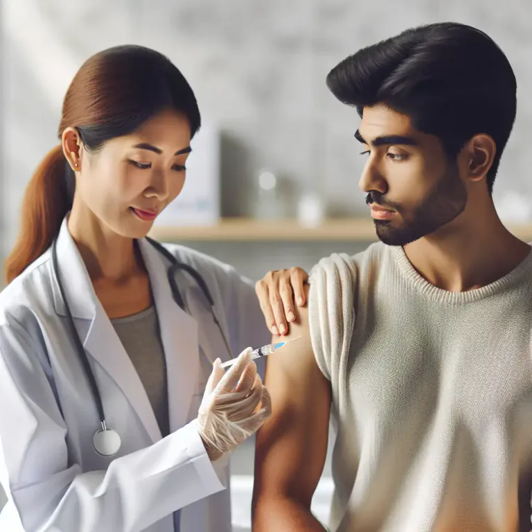 Visual representation of "jab" - To inject someone with something, usually a medicine or drug, with a needle.