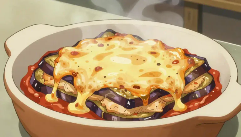 Visual representation of "parmigiana" - A dish typically made by layering fried eggplant or chicken with cheese and tomato sauce, then baked.