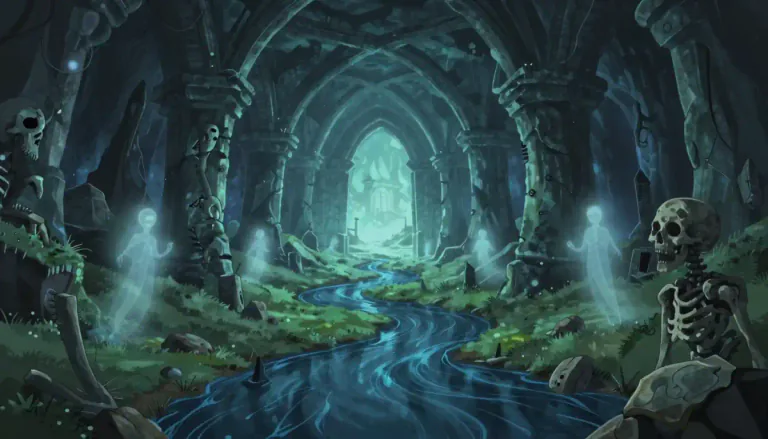 Visual representation of "netherworld" - A place regarded as the home of the dead; the underworld.