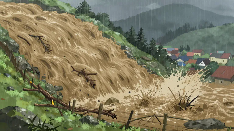 Visual representation of "mudflow" - A mudflow is a rapid movement of wet soil and debris down a slope, often triggered by rain, volcanic activity, or earthquakes.