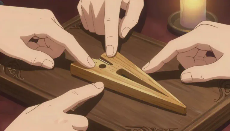 Visual representation of "planchette" - A small board or device used in spiritualism to communicate with spirits, typically by moving it with one's fingers during a séance.