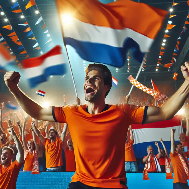 Visual representation of "orangeman" - A supporter or fan of the Dutch national soccer team.