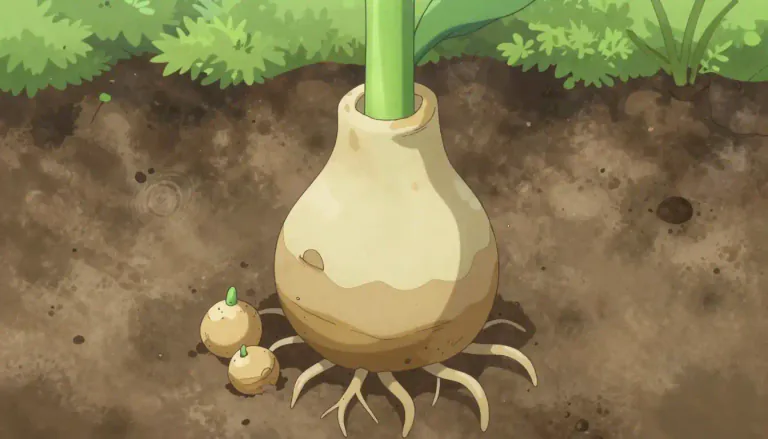 Visual representation of "corm" - A bulb-shaped stem base of some plants that stores food