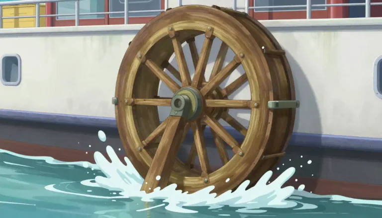 Visual representation of "paddlewheel" - A large wheel with paddles on the side used for moving a boat through water.