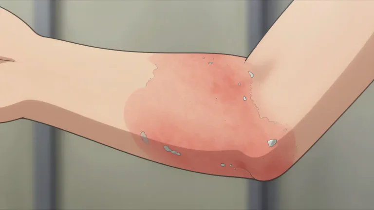 Visual representation of "psoriatic" - Relating to psoriasis, a skin disease that causes red, scaly patches.