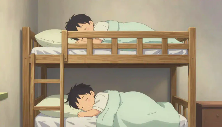 Visual representation of "bunkbed" - A type of bed in which one bed frame is stacked on top of another, allowing two people to sleep in the same space.