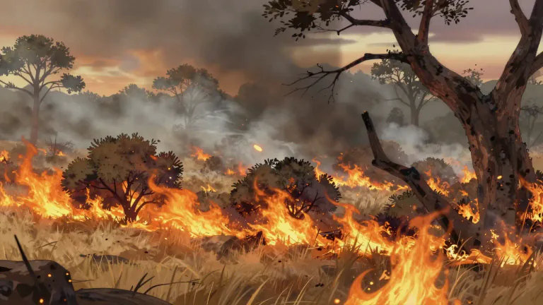 Visual representation of "bushfire" - A fire that burns in a bush or forest area, often caused by dry conditions or human activity.