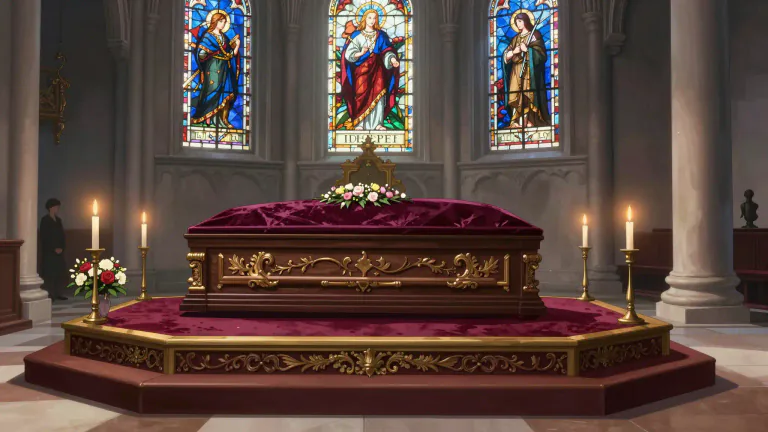 Visual representation of "catafalque" - A decorated platform or framework on which a coffin rests in state during a funeral or while being carried to a burial.
