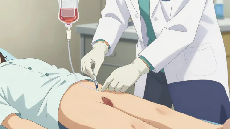 Visual representation of "catheterisation" - The process of inserting a catheter into a patient's body to allow for medical procedures like drainage or medication delivery.
