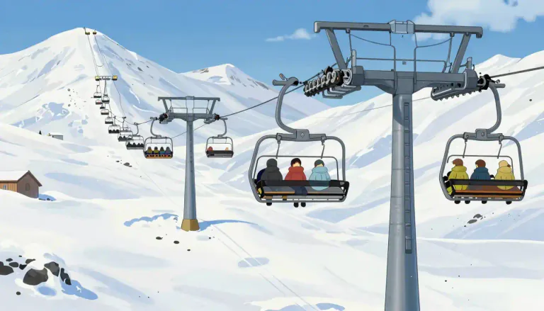 Visual representation of "chairlift" - A chairlift is a system of chairs suspended from a cable used to move people up and down mountains, especially in ski resorts.