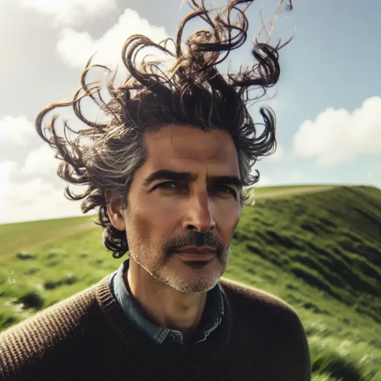 Visual representation of "windswept" - Person's hair being messy by the wind.