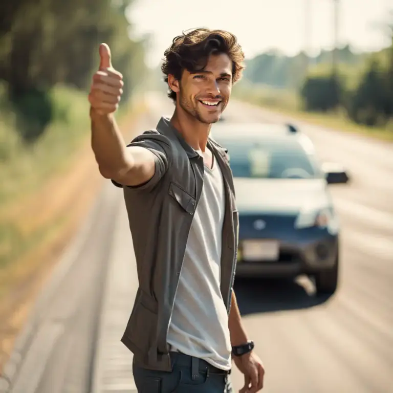 Visual representation of "thumb" - To seek a ride in a passing vehicle while standing at the side of the road, by holding out one's thumb