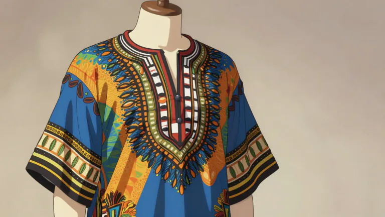Visual representation of "dashiki" - A dashiki is a loose-fitting garment made from colorful fabric, typically worn in West African countries, and characterized by its decorative designs and a collarless neck.