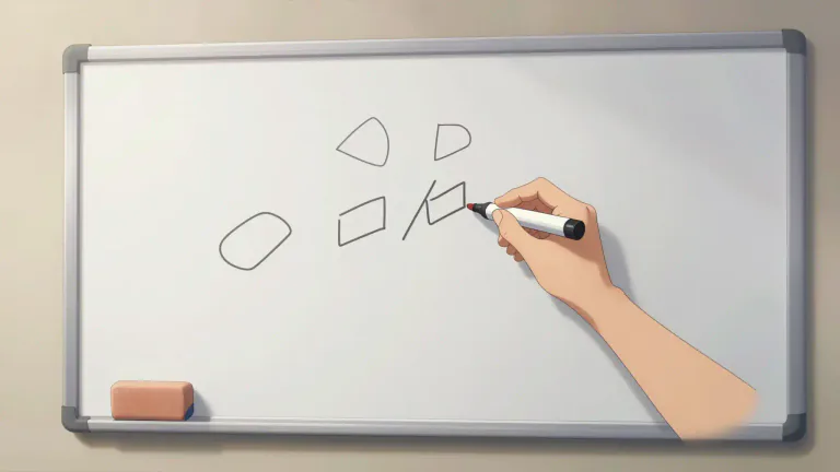 Visual representation of "whiteboard" - A smooth, glossy surface typically used for writing or drawing with markers, common in classrooms and offices.