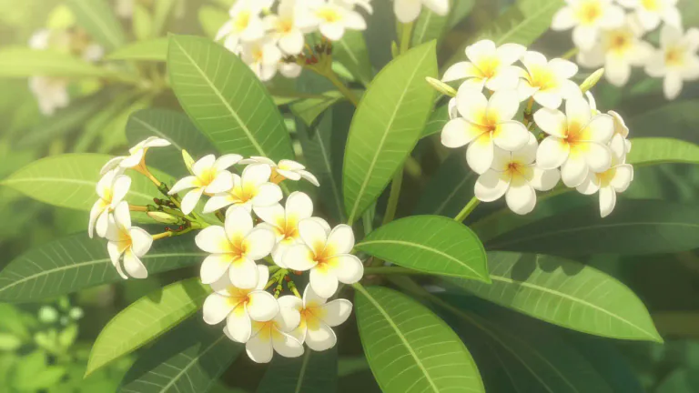 Visual representation of "plumeria" - Plumeria is a type of tropical tree or shrub that produces sweet-smelling flowers in clusters, often used in gardens and for making leis.