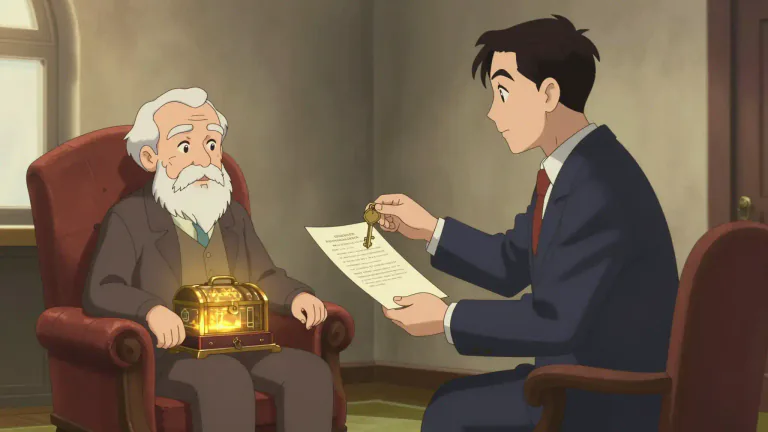 Visual representation of "inherit" - to receive something like property, money, or titles from someone after they die