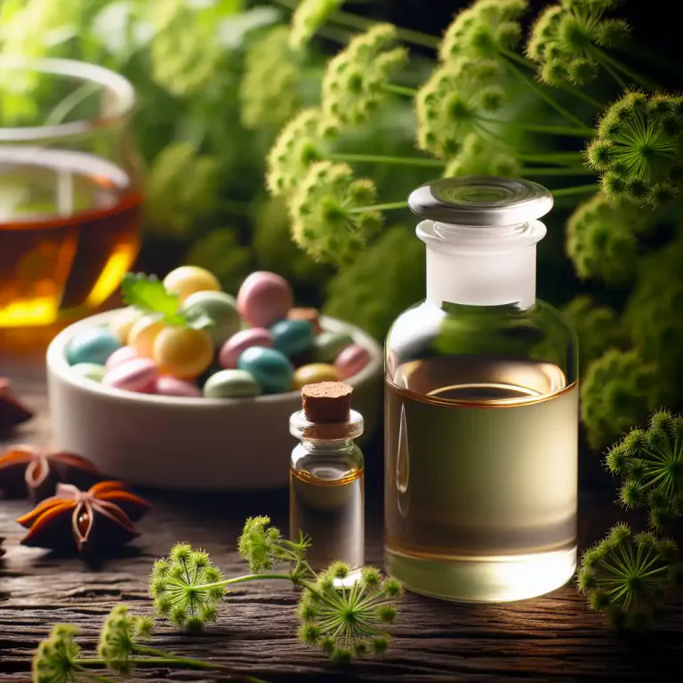 Visual representation of "anise" - A pale yellow essential oil obtained from aniseed, used to flavor food, liqueur, and candies, and in some medicines.