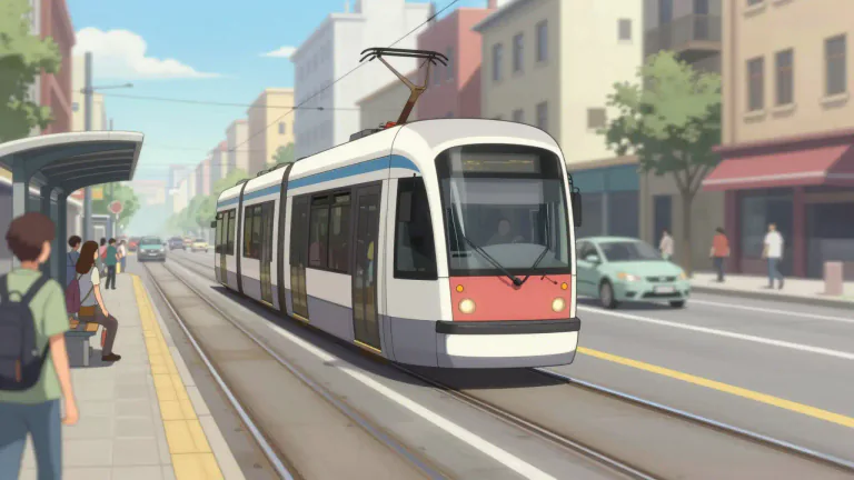 Visual representation of "tramway" - A system of public transportation using electric trains that run on tracks in the streets
