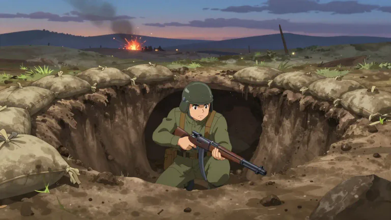 Visual representation of "foxhole" - A pit that soldiers dig to hide in during a war