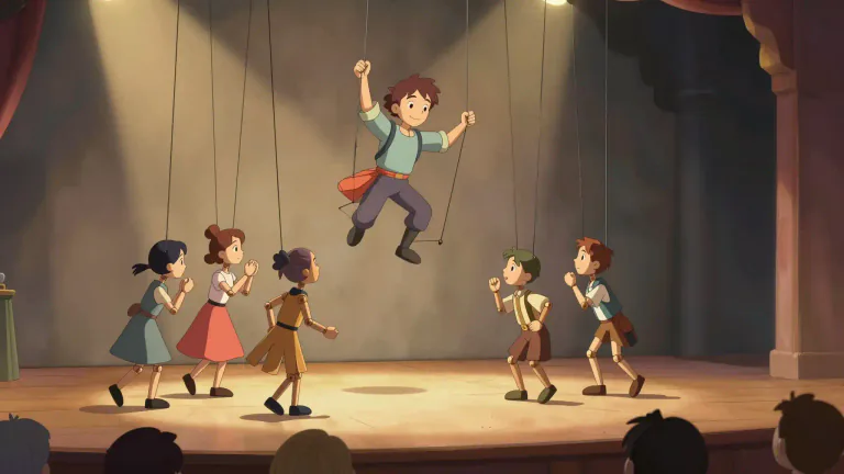 Visual representation of "puppetry" - The art of making and moving puppets for performance and entertainment