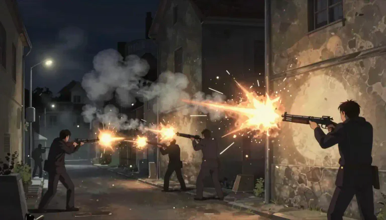 Visual representation of "gunfire" - The act of firing a gun or guns.