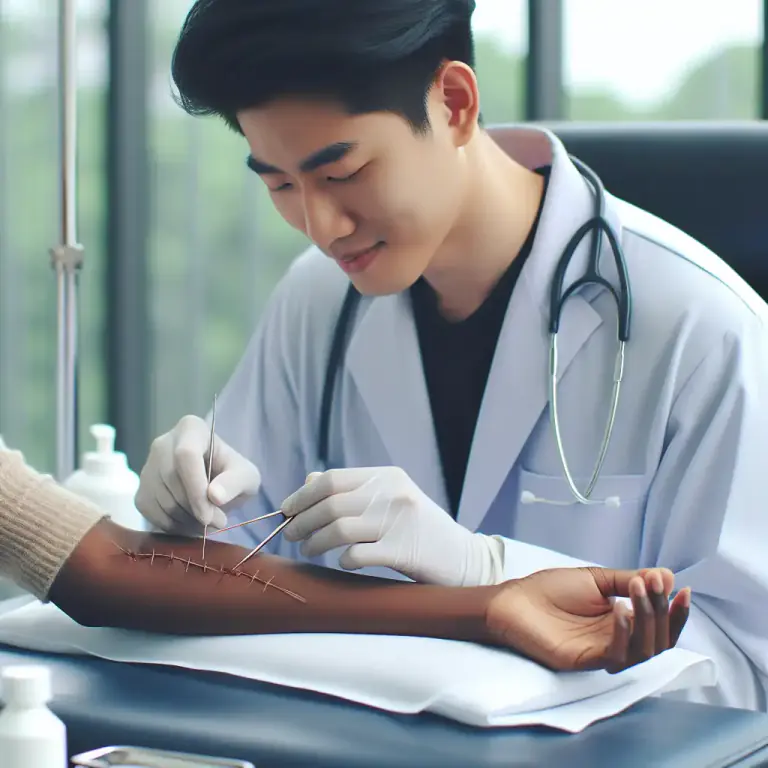 Visual representation of "stitch" - To make stitches in the skin or a wound to help it heal.
