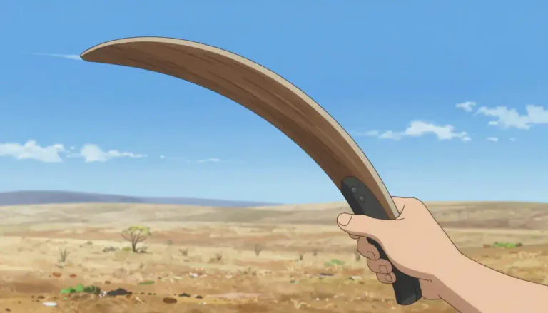 Visual representation of "boomerang" - A curved flat piece of wood that can be thrown so as to return to the thrower, traditionally used by Australian Aborigines as a hunting weapon.
