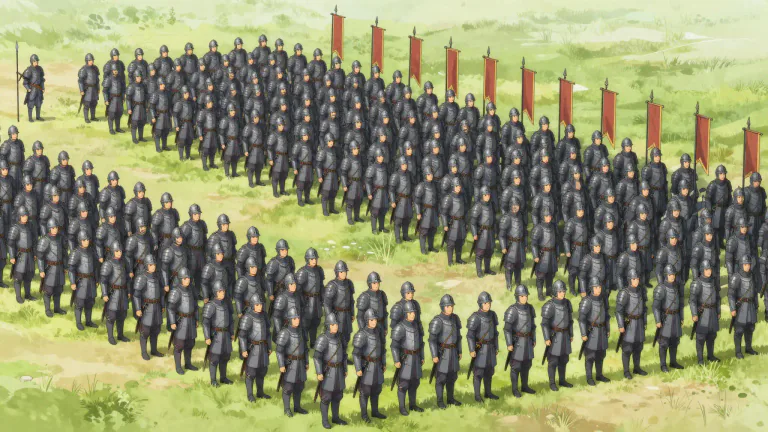 Visual representation of "army" - A large group of soldiers organized for war.