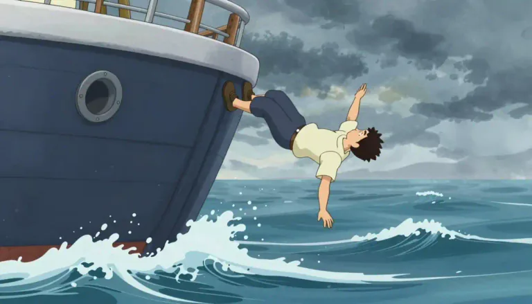 Visual representation of "overboard" - Out of the side of a boat or ship into the water