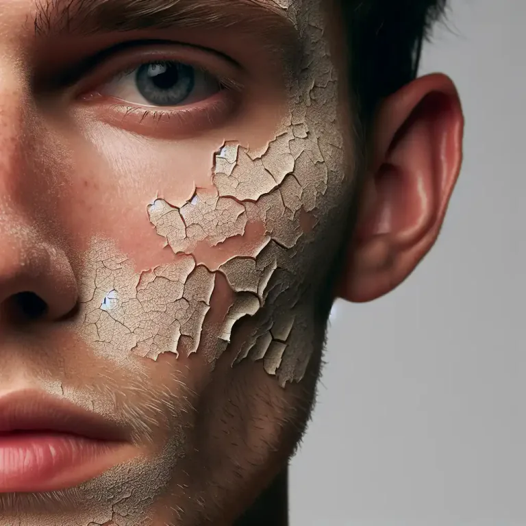 Visual representation of "flaky" - Exhibiting or having dry skin that peels off in flakes.