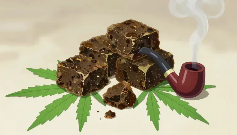 Visual representation of "hashish" - A drug made from the resin of the cannabis plant, used for smoking and sometimes eaten, with effects like those of marijuana.