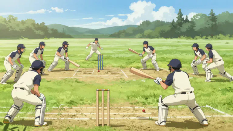 Visual representation of "cricket" - A game played by two teams of eleven people, where a player tries to hit a ball with a bat and score runs.