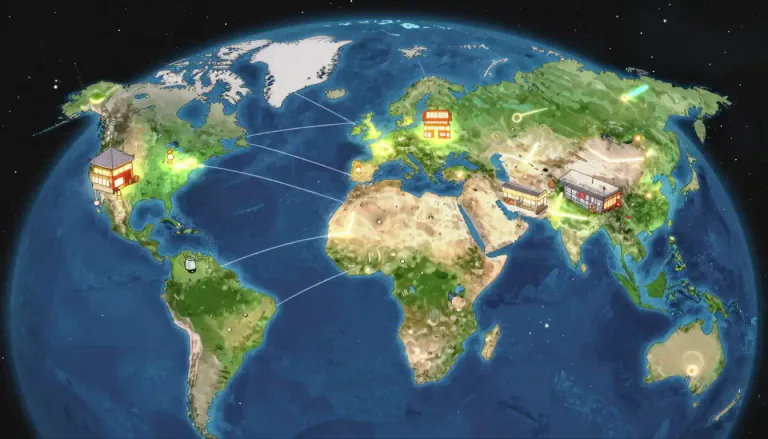 Visual representation of "globalize" - To make something cover, influence, or occur in all parts of the world
