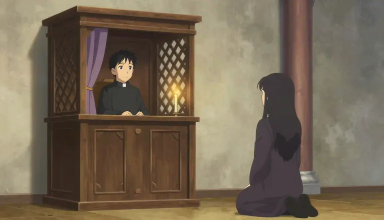 Visual representation of "confessional" - A small, private place in a church where a priest listens to people's confessions