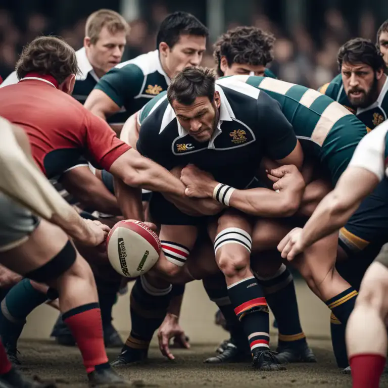 Visual representation of "hooker" - In rugby, the player in the middle of the front row of the scrum