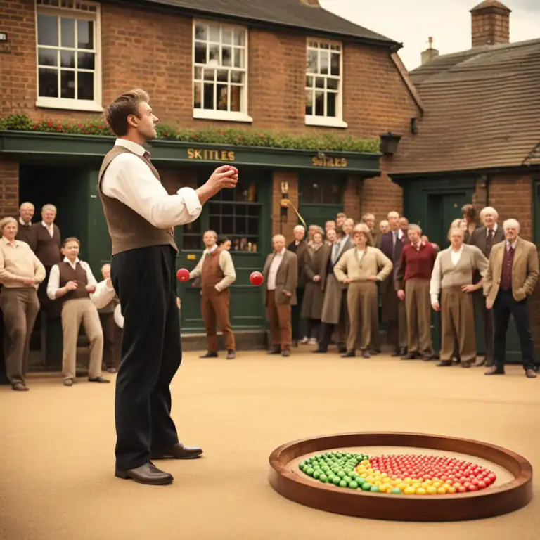 Visual representation of "skittle" - A British game, similar to bowling, played by throwing a wooden disk at a set of wooden pins