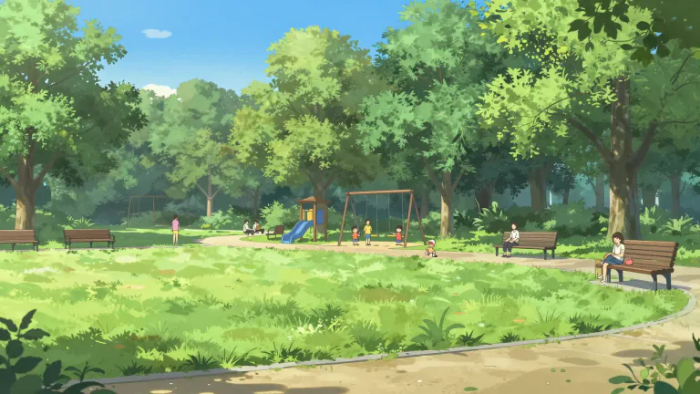 Visual representation of "park" - A public area with places to sit or play, often with trees and grass