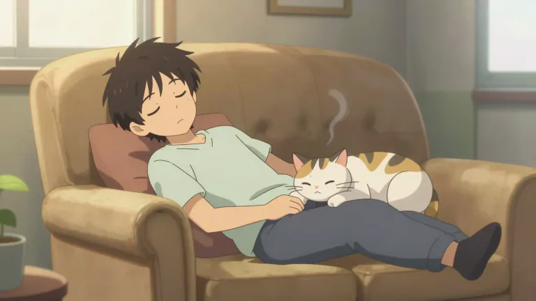 Visual representation of "catnap" - A short sleep during the day, similar to the kind of quick, light sleep a cat has.