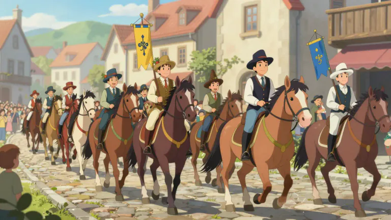 Visual representation of "cavalcade" - A procession or parade on horseback, or a mass of riders.