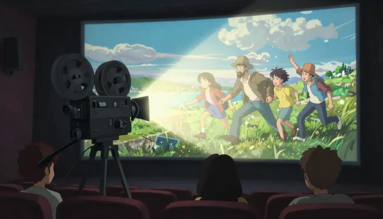 Visual representation of "film" - A story or event recorded by a camera as a set of moving images and shown in a theater or on television