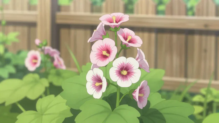 Visual representation of "mallow" - A type of plant with soft leaves and usually pink or white flowers