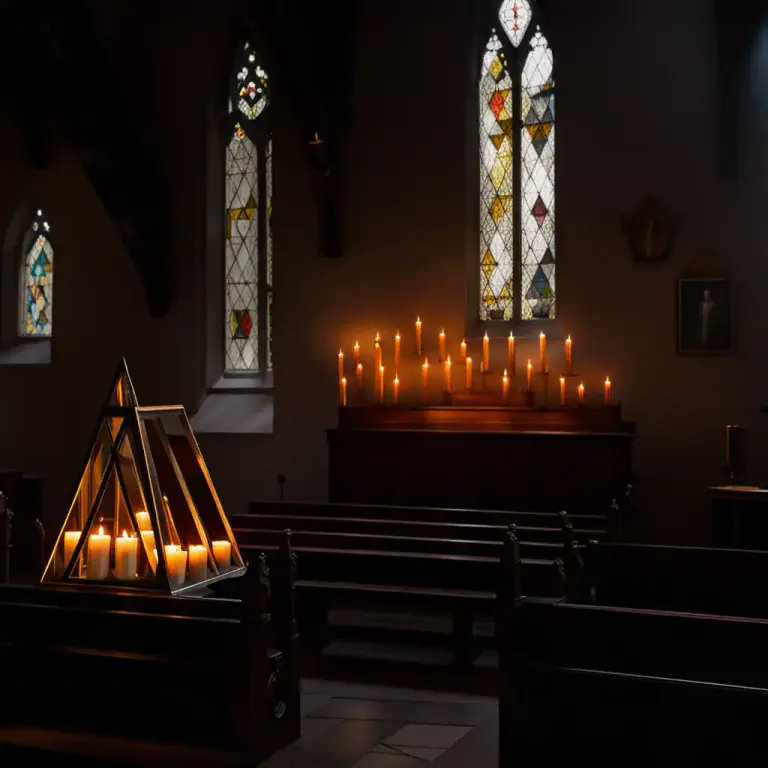 Visual representation of "hearse" - A triangular frame for holding candles, used in Christian worship, specifically in the Anglican tradition.