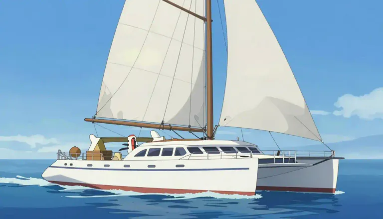 Visual representation of "catamaran" - A type of boat or ship with two parallel hulls or bodies.
