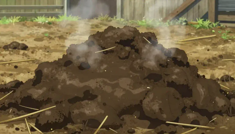 Visual representation of "dunghill" - A pile of animal dung that is often used as fertilizer.