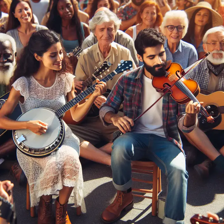 Visual representation of "bluegrass" - A style of folk music that originated in the southern United States, typically using a banjo and fiddle.