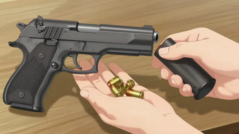 Visual representation of "unload" - To remove bullets from a firearm.