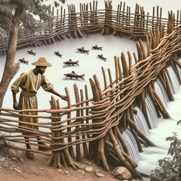 Visual representation of "weir" - A fence or enclosure set in a waterway for catching fish.