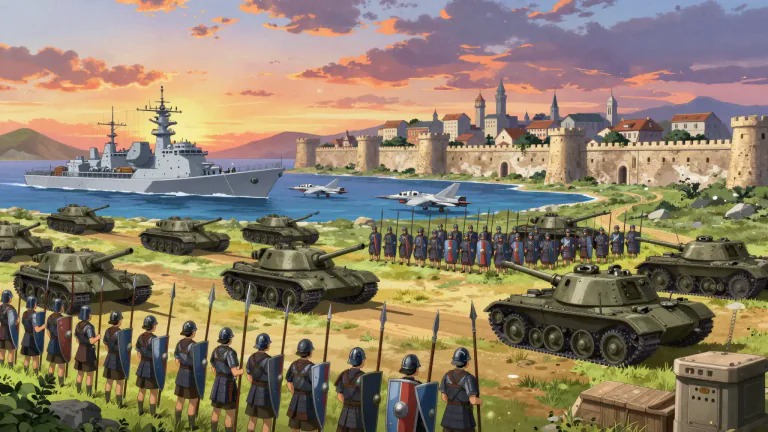Visual representation of "militarily" - In a way that is related to armed forces or warfare.