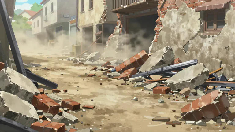 Visual representation of "rubble" - Broken pieces of stone, brick, or other solid material, usually from destroyed buildings