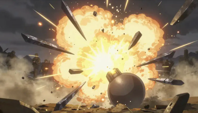 Visual representation of "shrapnel" - Small metal pieces that scatter outwards from an exploding bomb, grenade, or landmine.